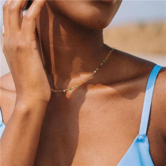 Green Rectangular Bead Choker Necklace | 14K Gold Plated Hypoallergenic - Picture 3 of 4